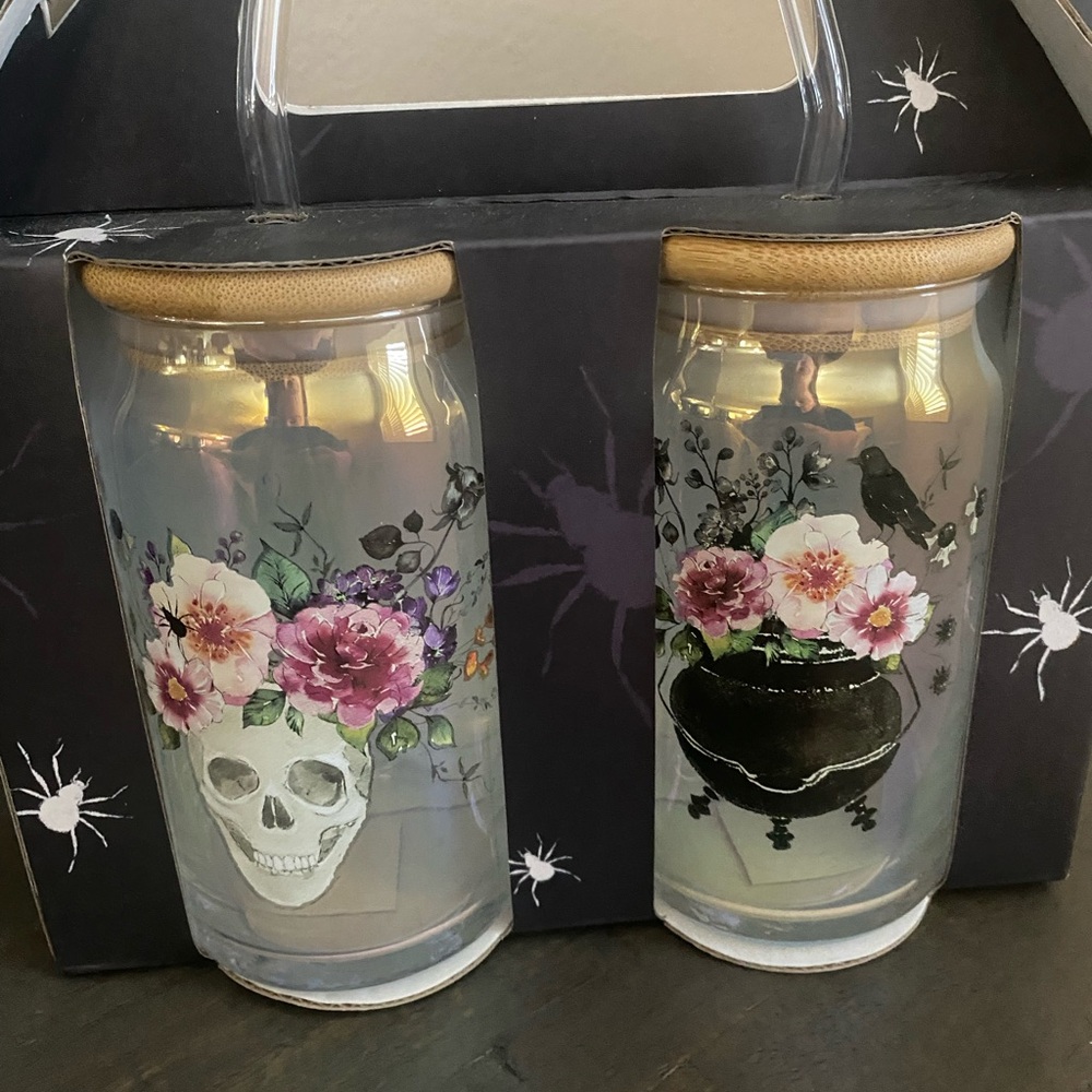Floral Skull and Cauldron Glass Set with Bamboo Lids